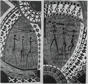 Figure 2:  Vanya Taule’alo diptych, 1997, (left) Malie toa, (right) Malie tau – woodblock on calico